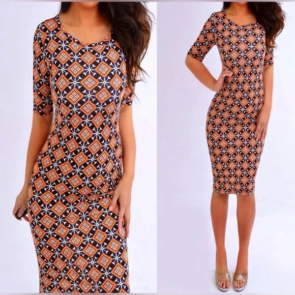 Lularoe Dresses | Lularoe Orange Navy Blue Black Tribal Short Sleeve Bodycon Dress Xxs Nwt | Color: Black/Orange | Size: Xxs | Sweetheartiv's Closet